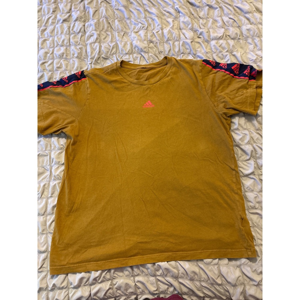 Adidas Mens Mustard Yellow Pink Logo Taped Sleeve Graphic T-Shirt L
